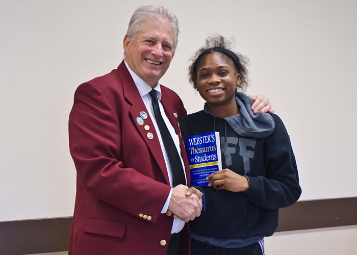 Left to right are Gary Grayson, Exalted ruler - Elks Lodge #6, Tanisha Dozier, Luther Burbank High School 