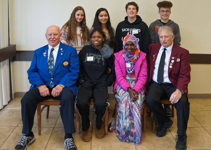 Front row from the left: Steve Clazie director of the Student of the month program. Tanisha Dozier, Luther Burbank High School
                         Hesna Sabeer, Capital City School Gary Grayson, Exalted ruler - Elks Lodge #6 <br>Back row from the left: Katherine Davies, Cal Middle School Cecilia Michel, John F. Kennedy High School
                         Matthew Wildemann, Sam Brannan Middle School Nikko Gomez, Will C. Wood Middle School