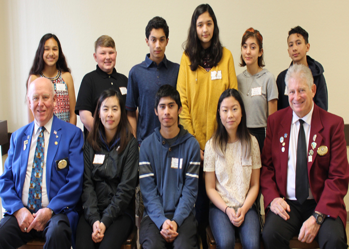 Seated in the front row: Stephen B. Clazie, Elks 6 scholarship chair; Aaliya Lee Luther Burbank High School, Salvador Chavez, Luther Burbank High School, Jazmin Lor, 
                      Capital City High School, and Gary Grayson, Elks 6 Exalted Ruler.<br> Standing from left to right they are:  Winter Saldana Sutter Middle School, Logan Rowley Sutter Middle School, Bernardo Del Real Genevieve Didion K-8, 
                      Eva Hernandez-Ochoa Will C. Wood Middle School, Nevaeh Chadwick Sam Brannan Middle School, and Brian Baggerly Sam Brannan Middle School.