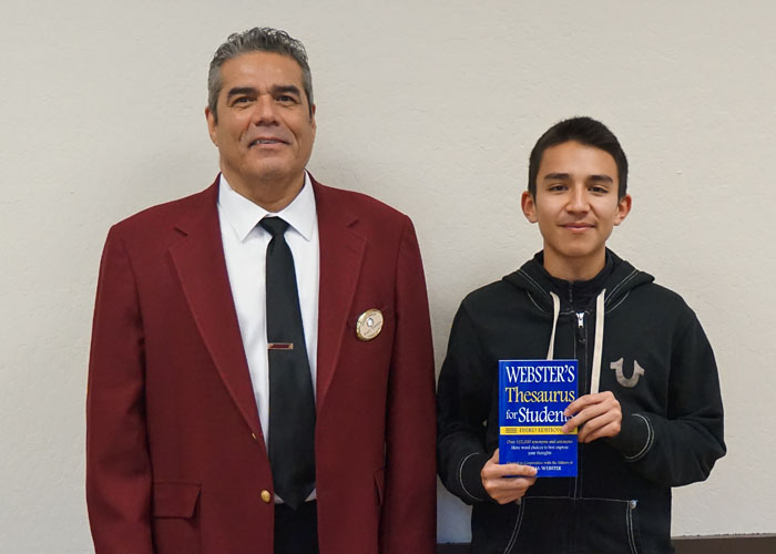 Left to right are Rudy Toralez, Elks 6 Leading Knight, Aldo Gonzalez-Ruiz, John F. Kennedy High School