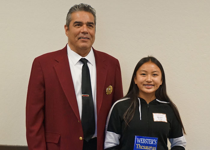 Left to right are Rudy Toralez, Elks 6 Leading Knight, Megan Vang, Will C. Wood Middle School